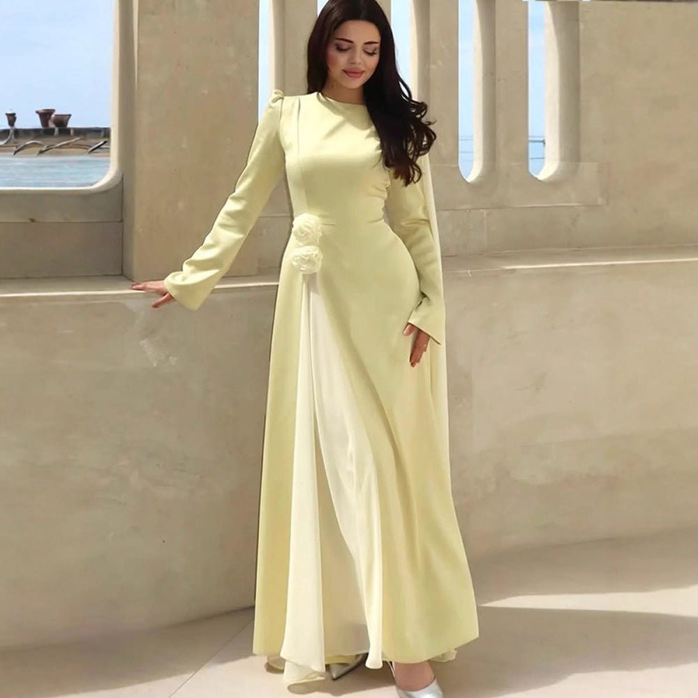 Women’s Evening Dress with Cape Sleeves, Tailored Silhouette and Decorative Flower Detail Chichicherry - Chichicherry