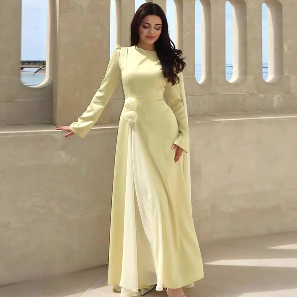 Women’s Evening Dress with Cape Sleeves, Tailored Silhouette and Decorative Flower Detail Chichicherry - Chichicherry