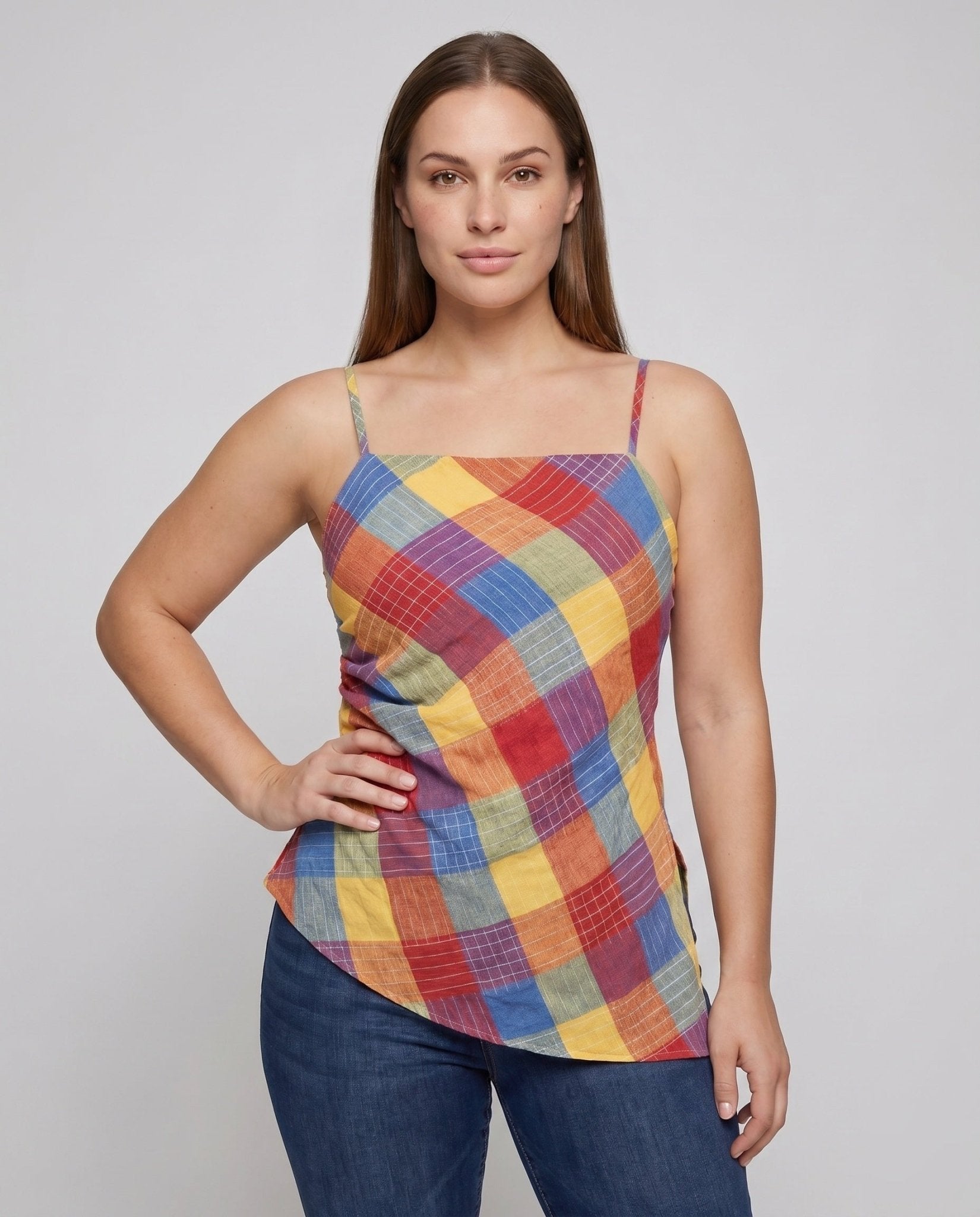 Women's Exciting Checked Top with Strapless Design and Asymmetrical Cut - Chichicherry