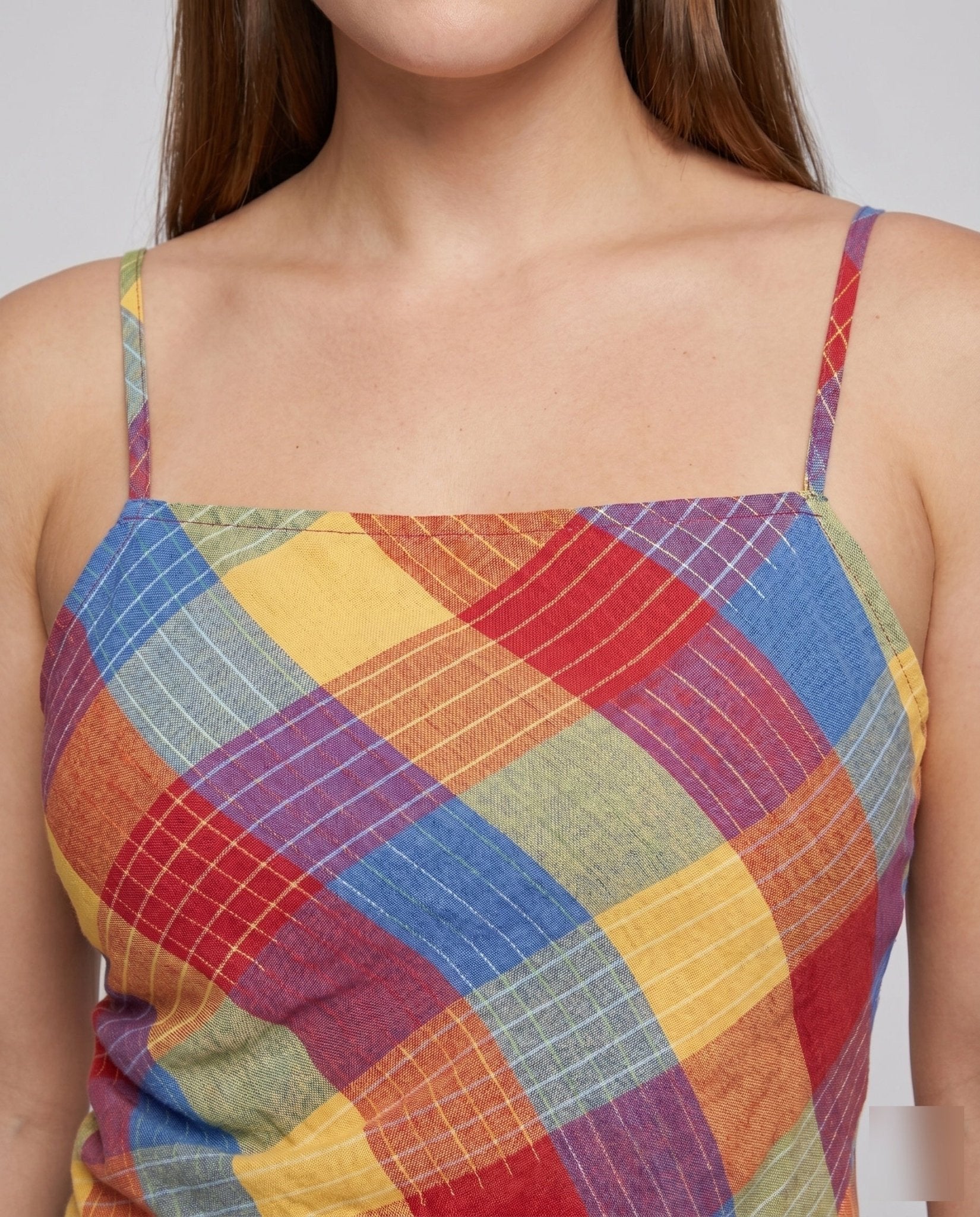 Women's Exciting Checked Top with Strapless Design and Asymmetrical Cut - Chichicherry