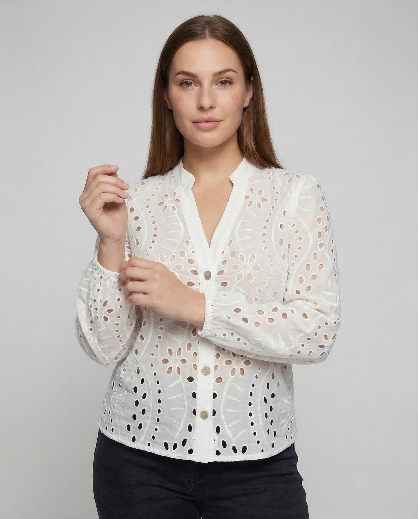 Women's Eyelet Embroidery Blouse Balloon Sleeves - Chichicherry