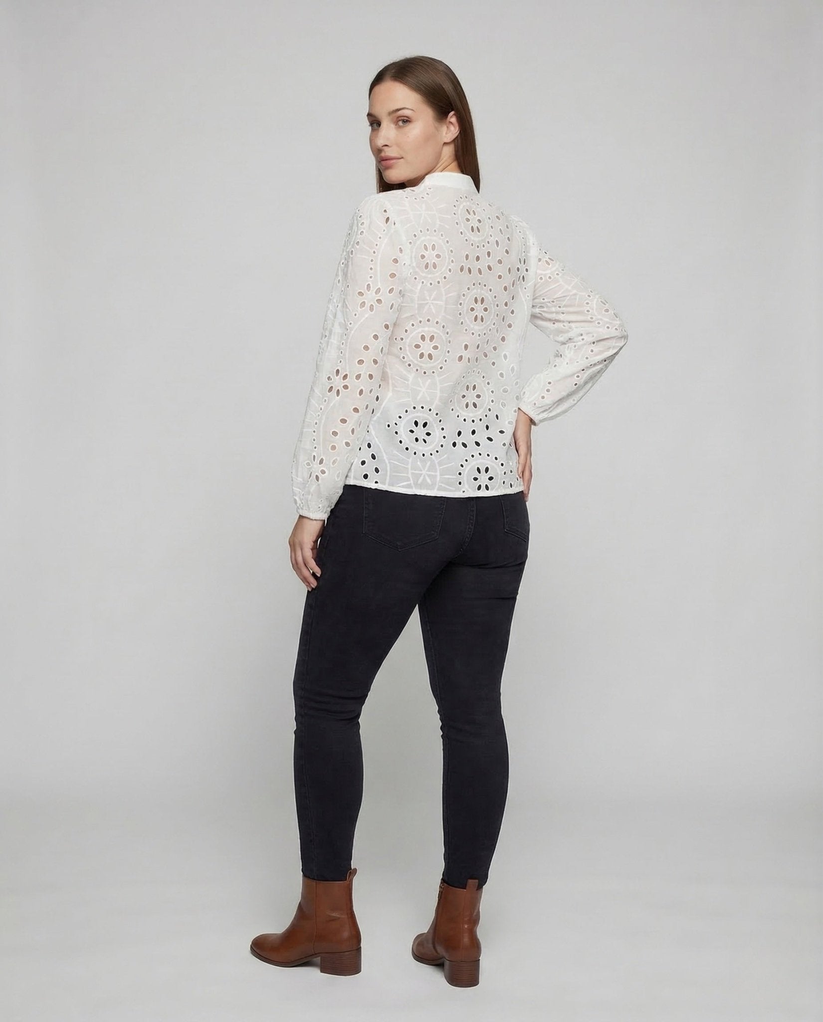 Women's Eyelet Embroidery Blouse Balloon Sleeves - Chichicherry