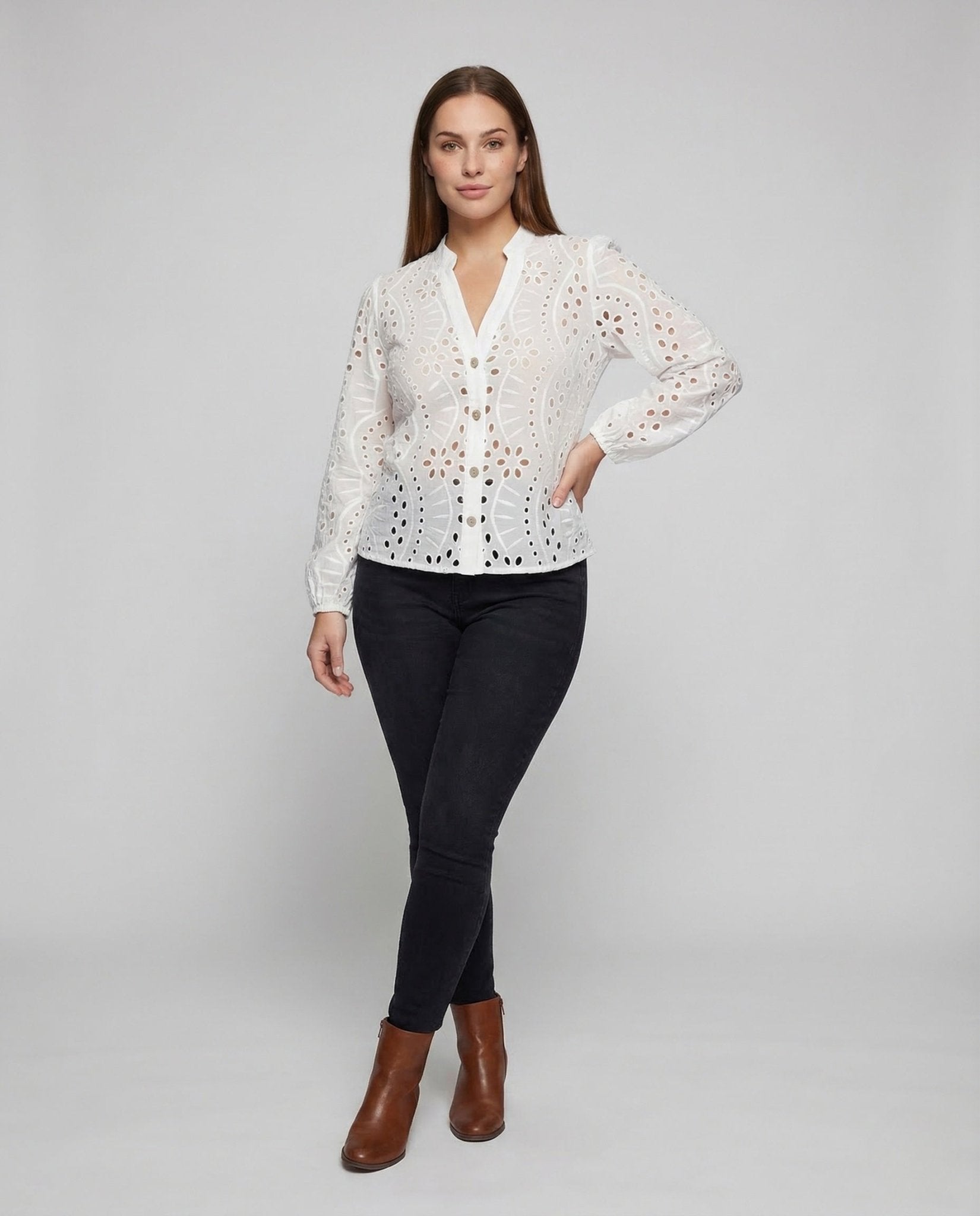 Women's Eyelet Embroidery Blouse Balloon Sleeves - Chichicherry
