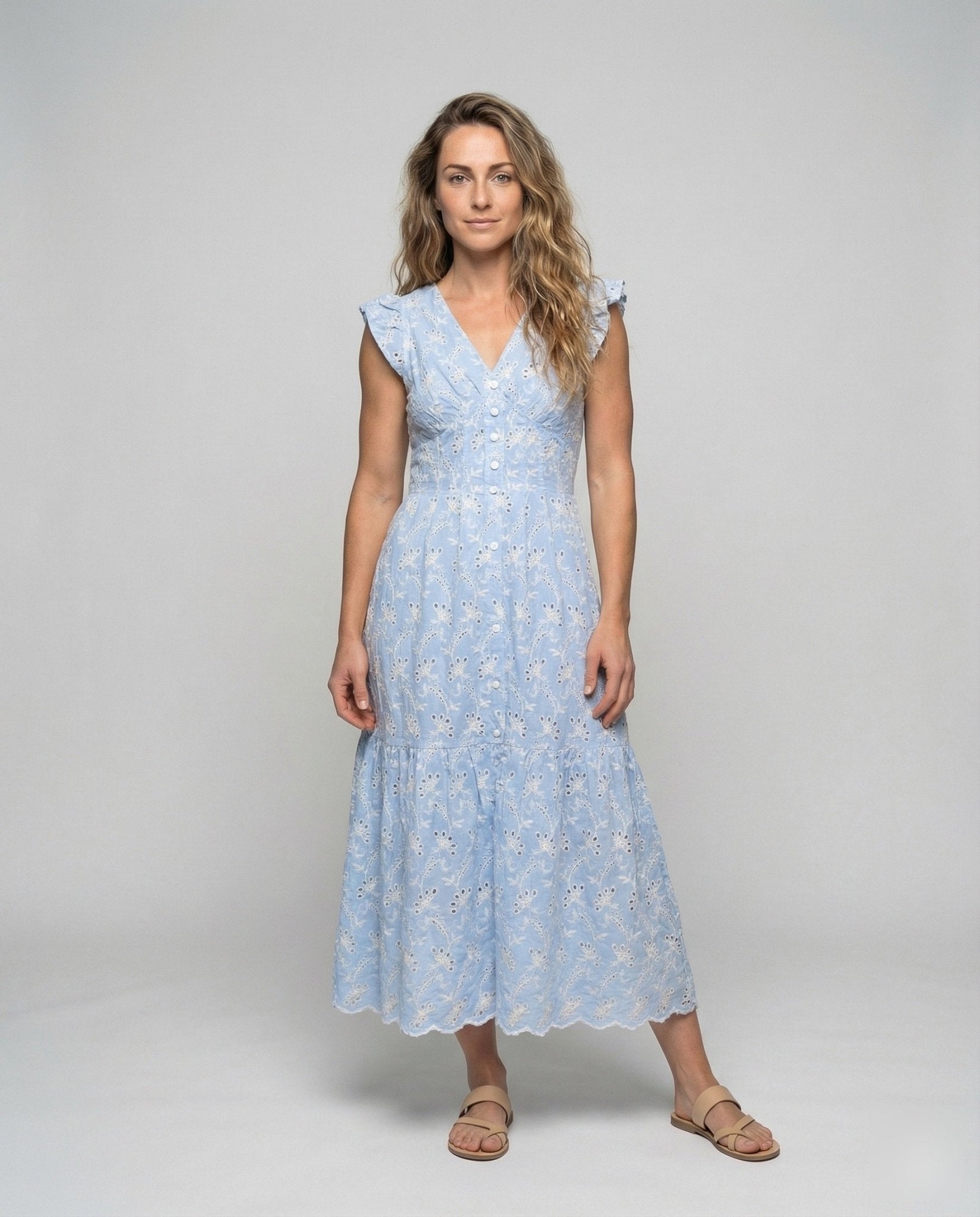 Women's Eyelet Embroidery Maxi Dress with Ruffle Skirt - Chichicherry