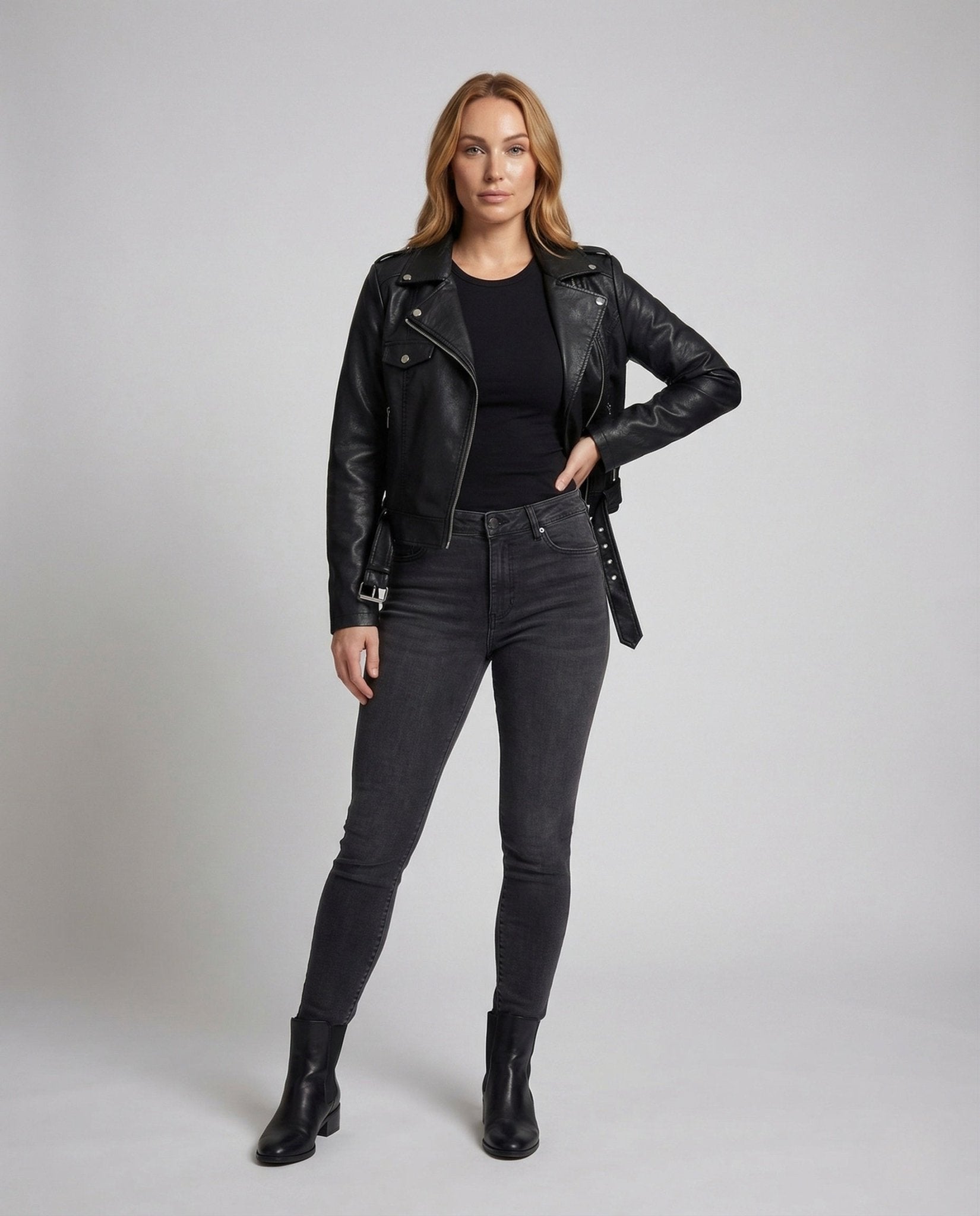 Womens Faux Leather Biker Jacket Belted - Chichicherry