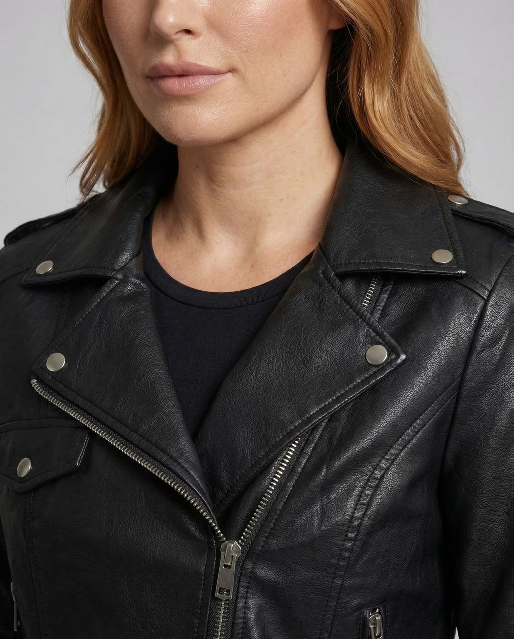 Womens Faux Leather Biker Jacket Belted - Chichicherry