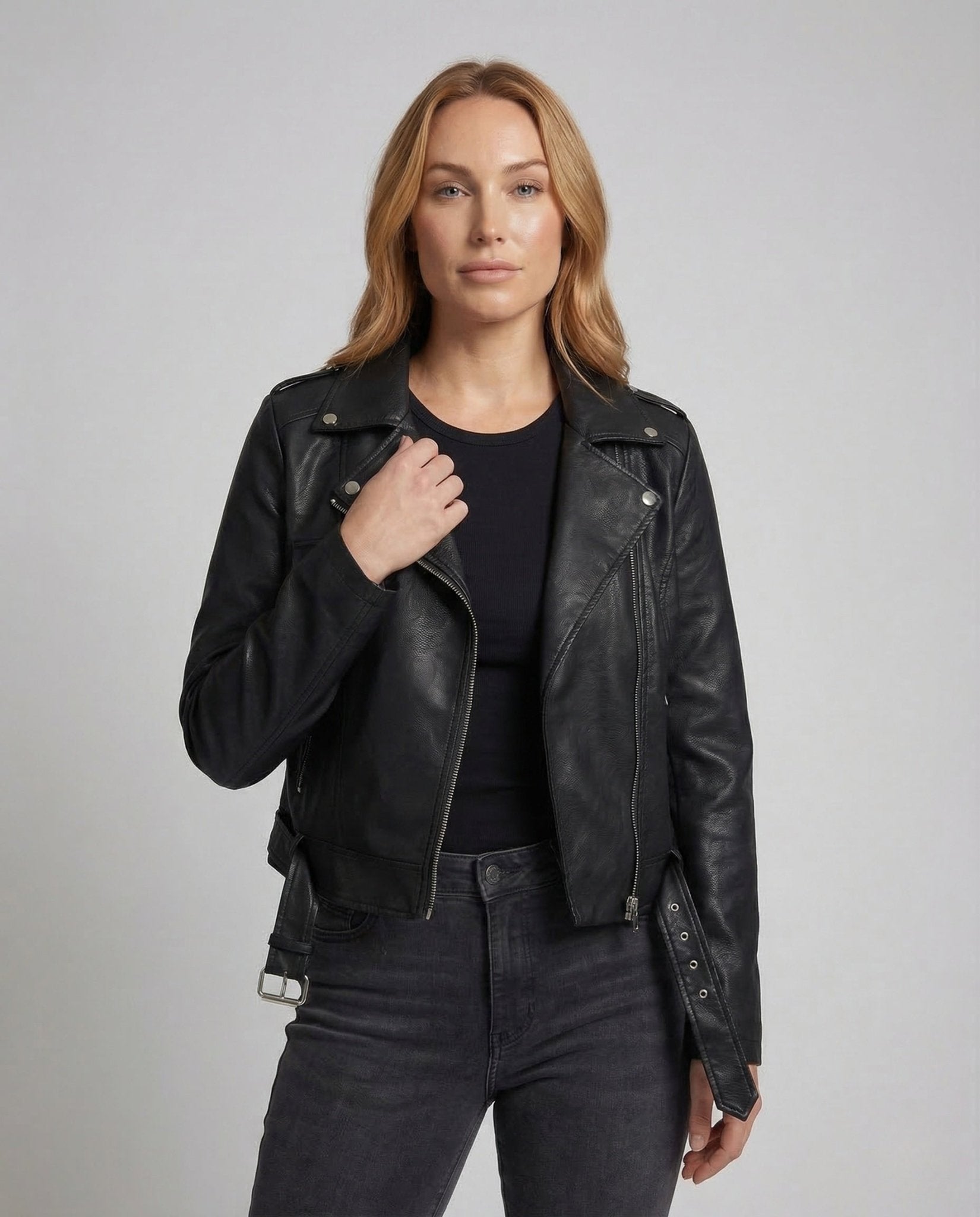 Womens Faux Leather Biker Jacket Belted - Chichicherry