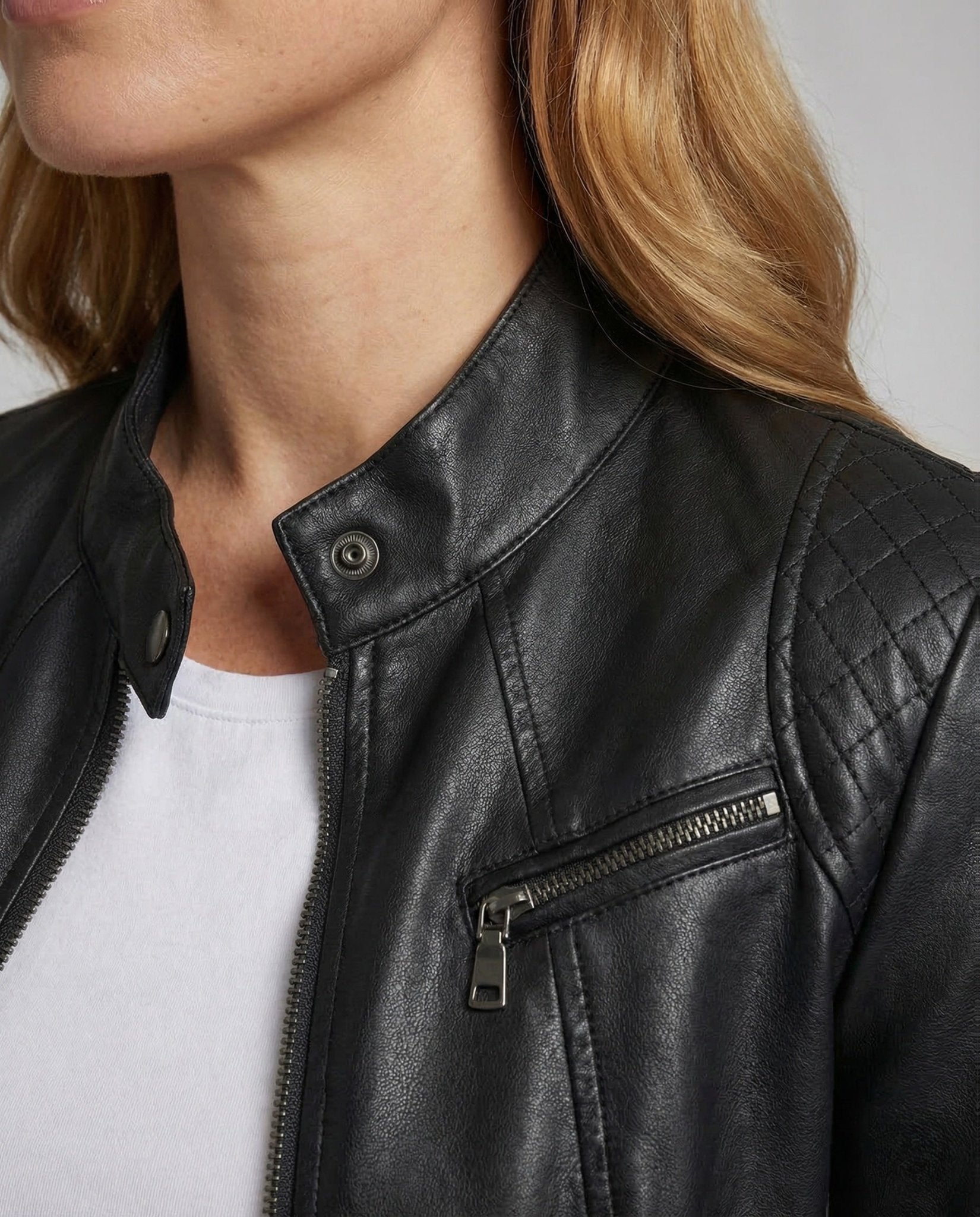 Women's Faux Leather Biker Jacket Quilted Sleeves - Chichicherry