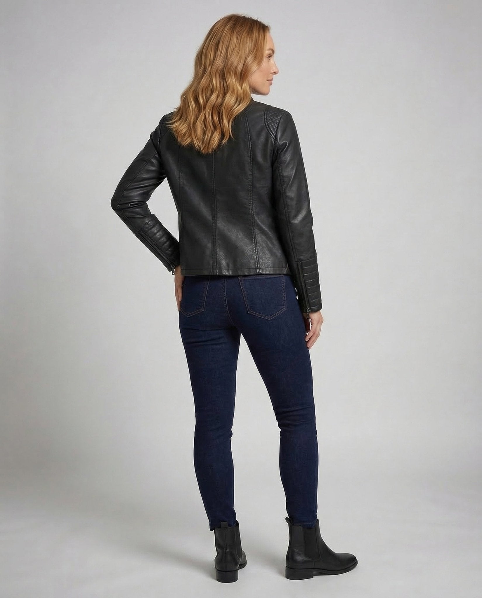 Women's Faux Leather Biker Jacket Quilted Sleeves - Chichicherry