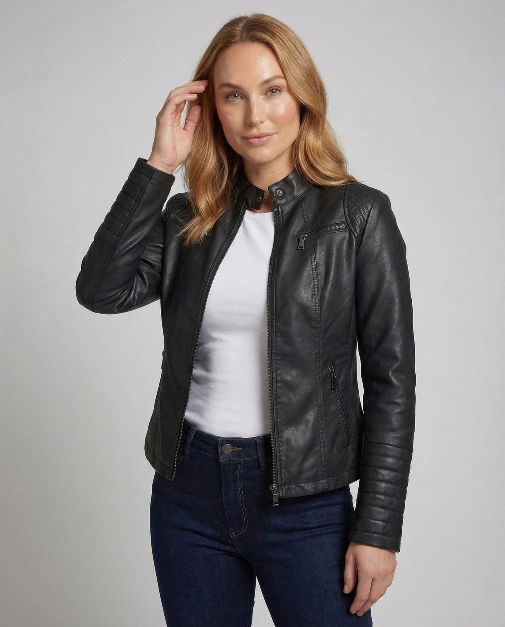 Women's Faux Leather Biker Jacket Quilted Sleeves - Chichicherry