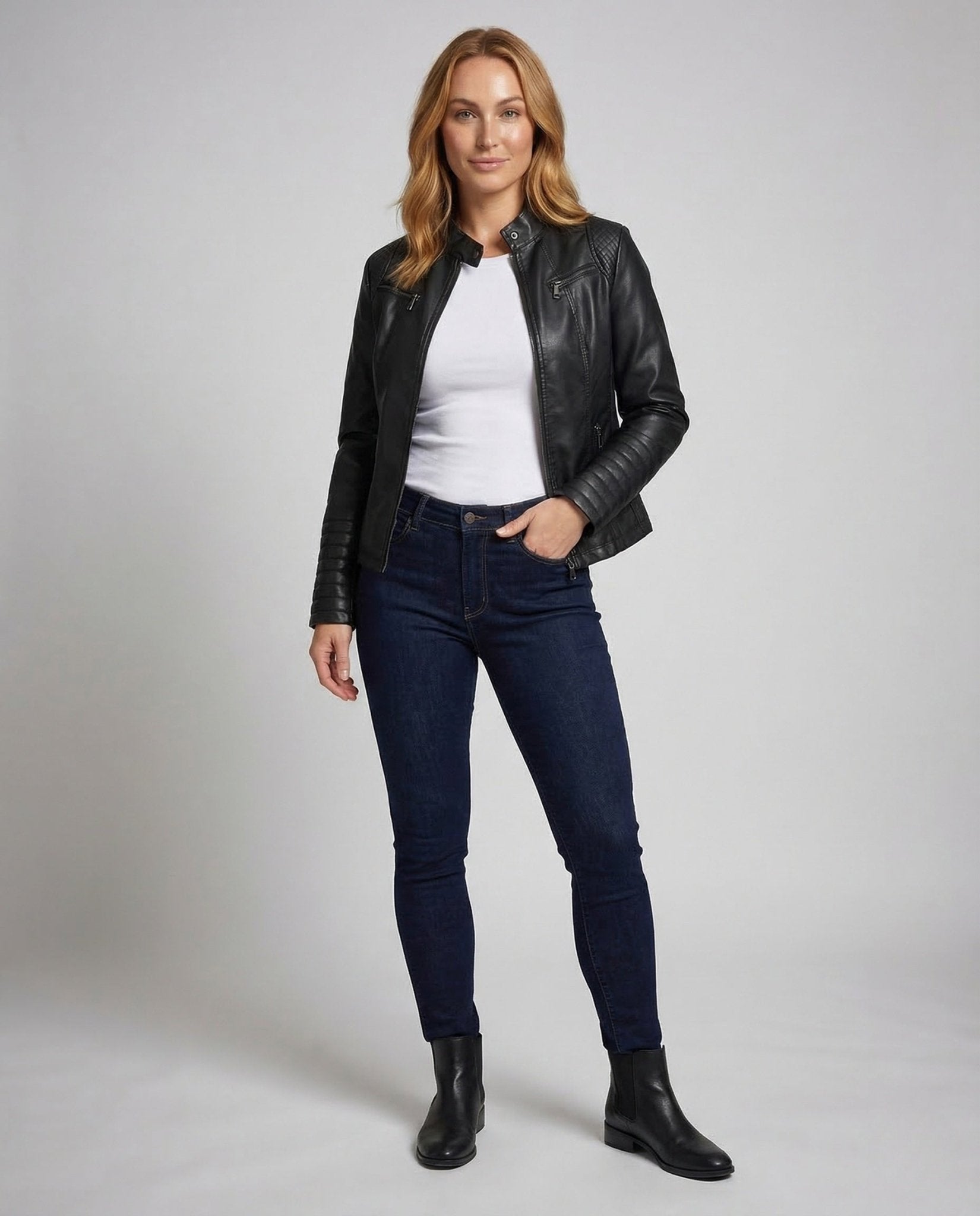 Women's Faux Leather Biker Jacket Quilted Sleeves - Chichicherry