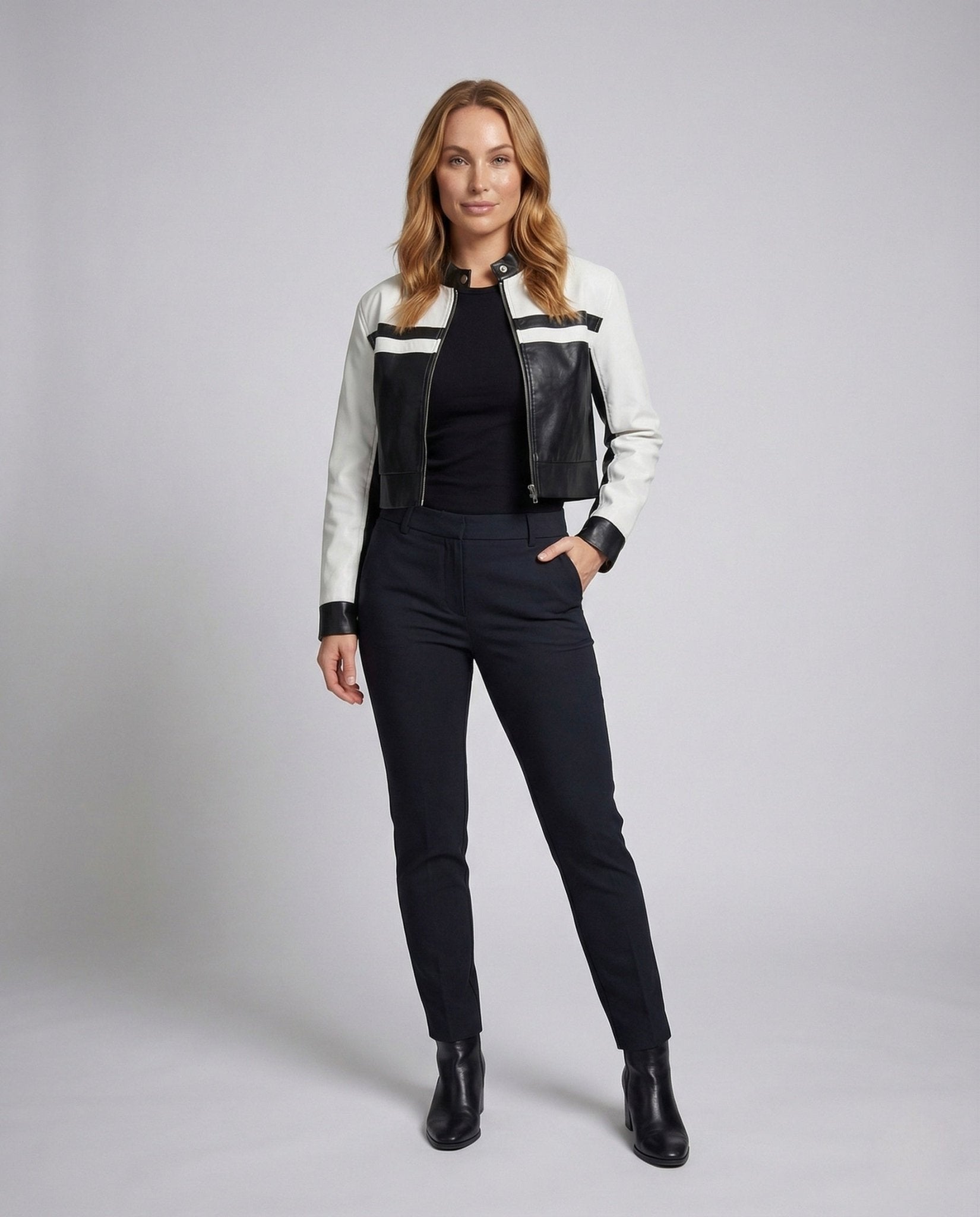 Women's Faux Leather Biker Jacket Short Zipper - Chichicherry