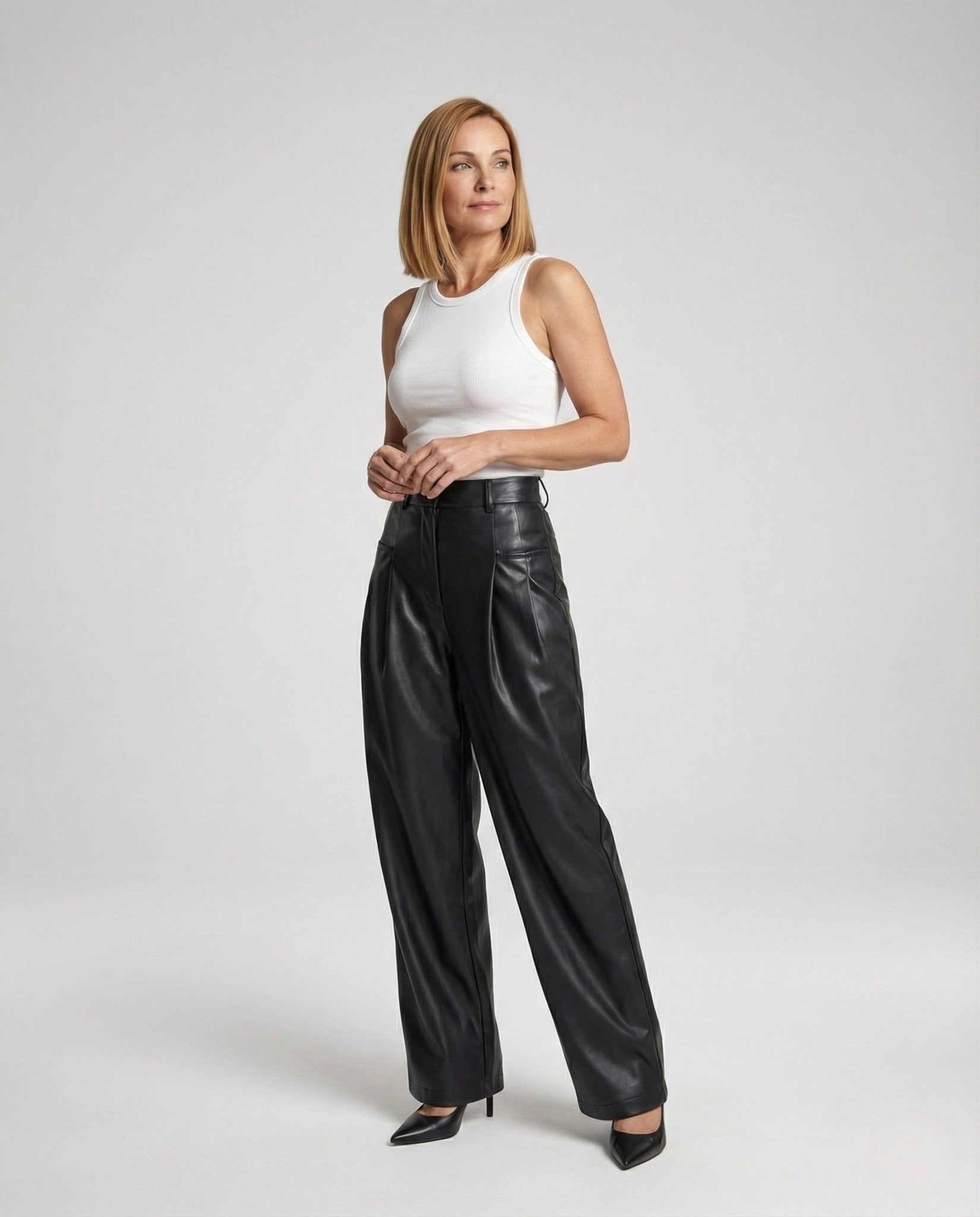 Women's Faux Leather Pants with Wide Leg - Chichicherry