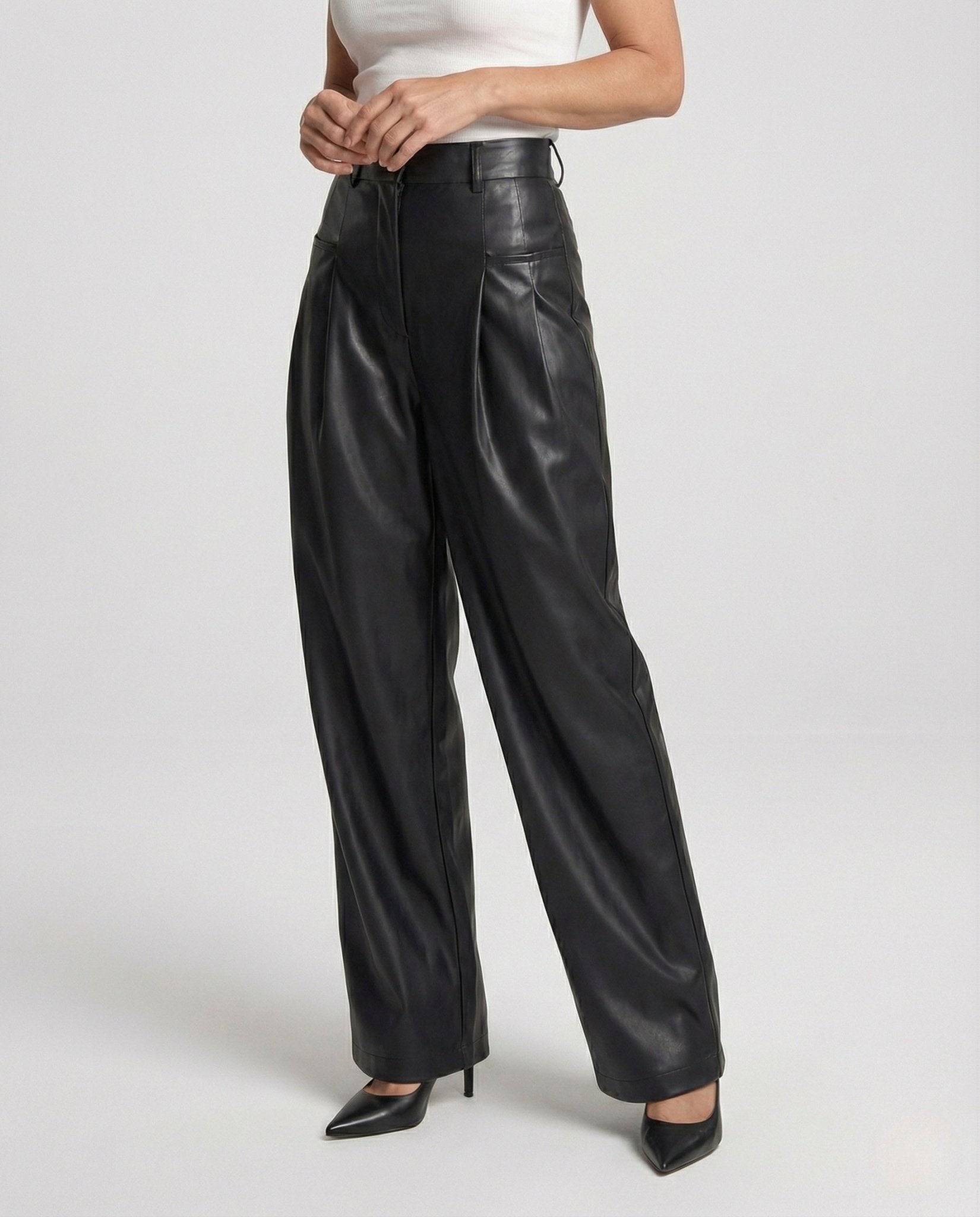 Women's Faux Leather Pants with Wide Leg - Chichicherry