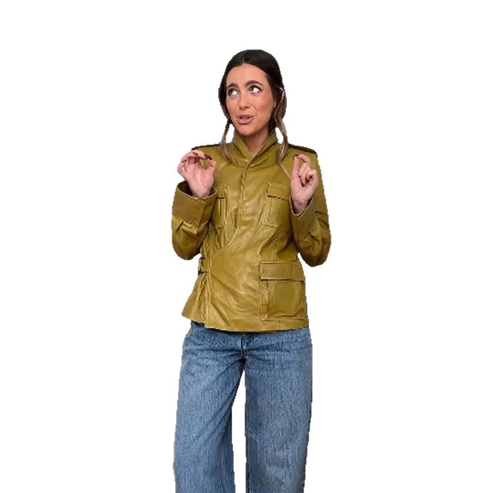 Women's Faux Leather Utility Jacket with Stand-up Collar, Chest Pockets & Concealed Zipper Chichicherry - Chichicherry