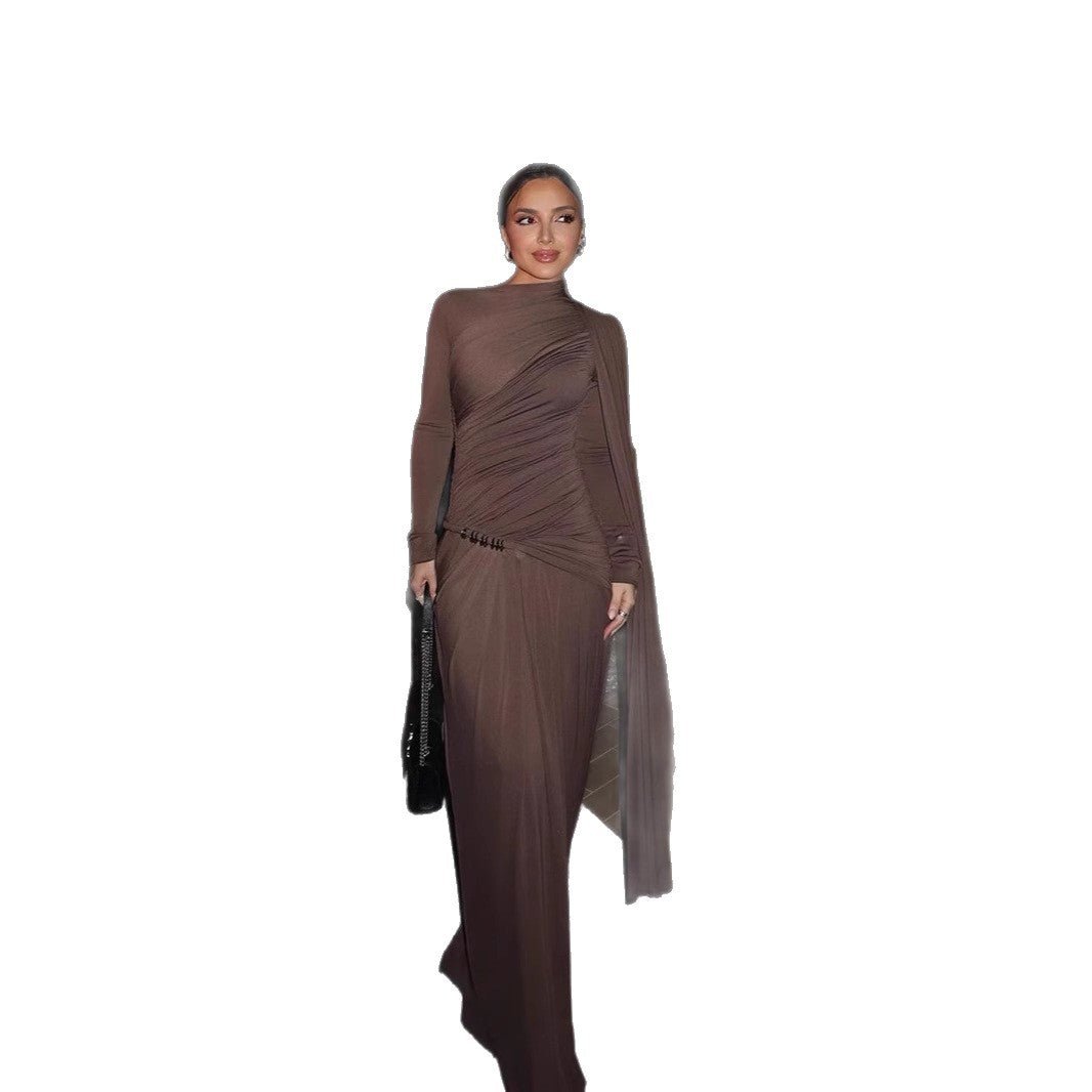Women's figure-hugging evening dress with asymmetrical draping, gathered bodice and long draped bow Chichicherry - Chichicherry