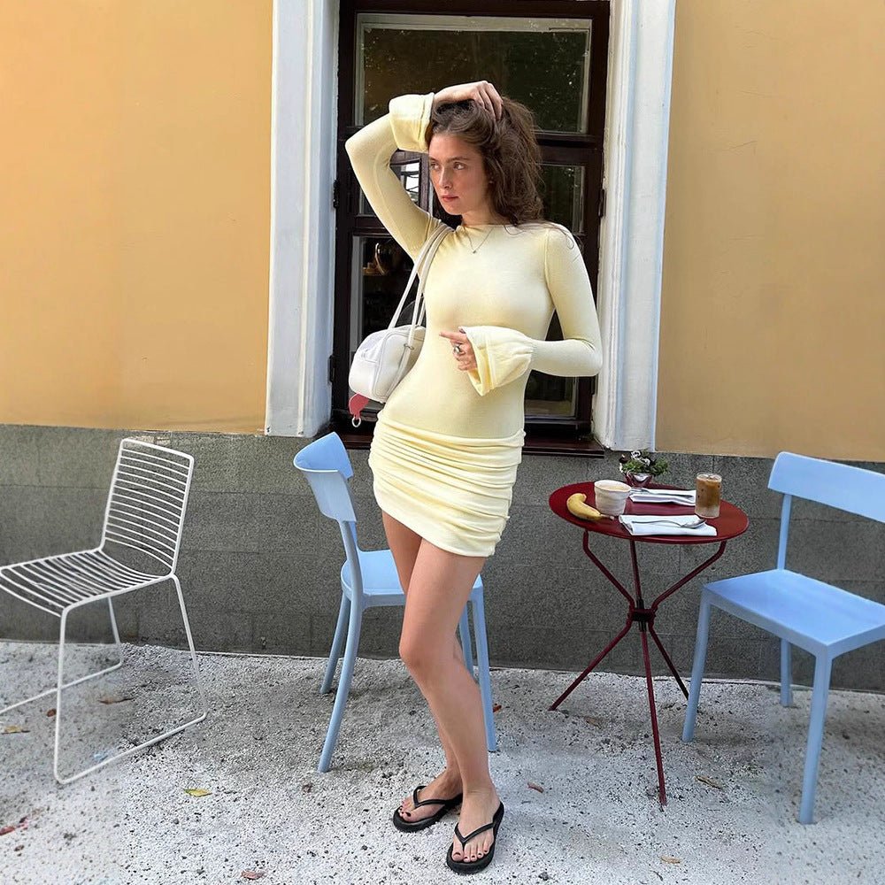 Women's Figure-hugging Gathered Mini Dress with Long Trumpet Sleeves Chichicherry - Chichicherry