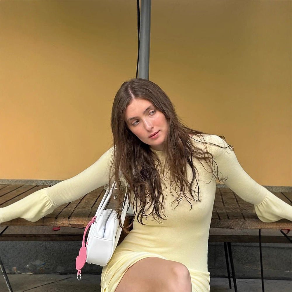 Women's Figure-hugging Gathered Mini Dress with Long Trumpet Sleeves Chichicherry - Chichicherry