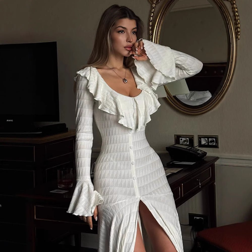 Women's Figure-Hugging Maxi Dress with Ruffle Neckline, Bell Sleeves, and Split Chichicherry - Chichicherry
