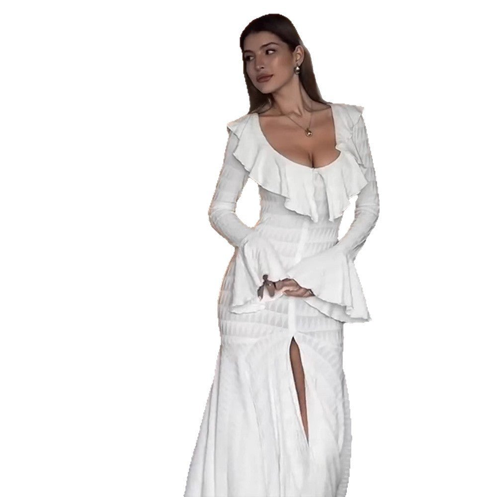 Women's Figure-Hugging Maxi Dress with Ruffle Neckline, Bell Sleeves, and Split Chichicherry - Chichicherry