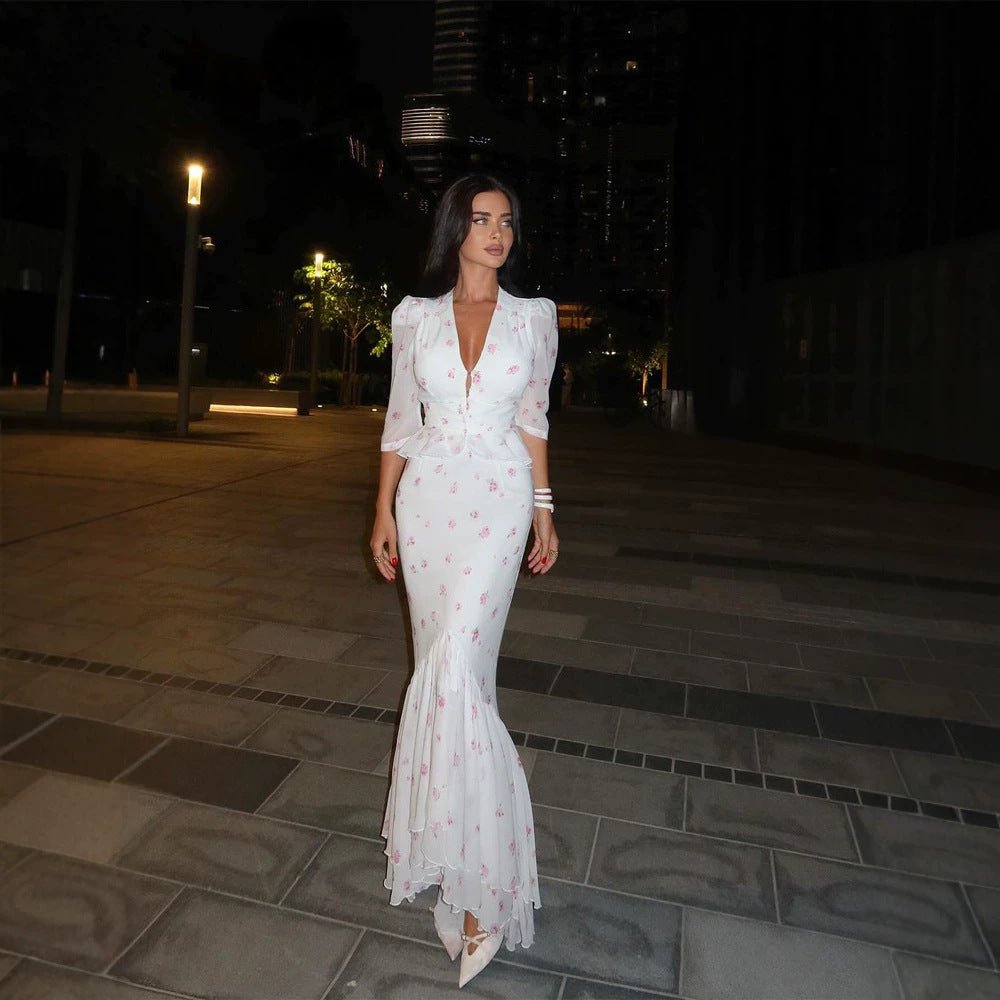 Women's Figure-Hugging Midi Dress with Deep V-Neck, Puff Sleeves and Peplum Chichicherry - Chichicherry