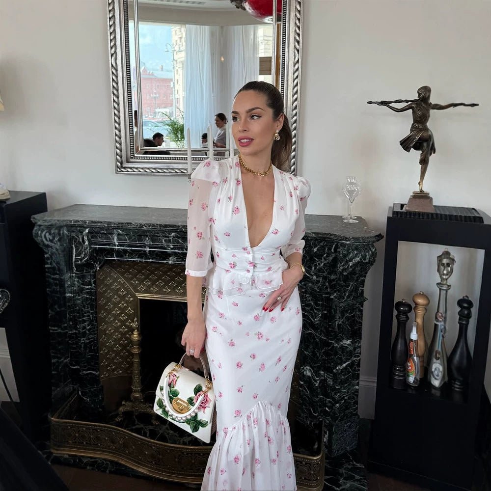 Women's Figure-Hugging Midi Dress with Deep V-Neck, Puff Sleeves and Peplum Chichicherry - Chichicherry