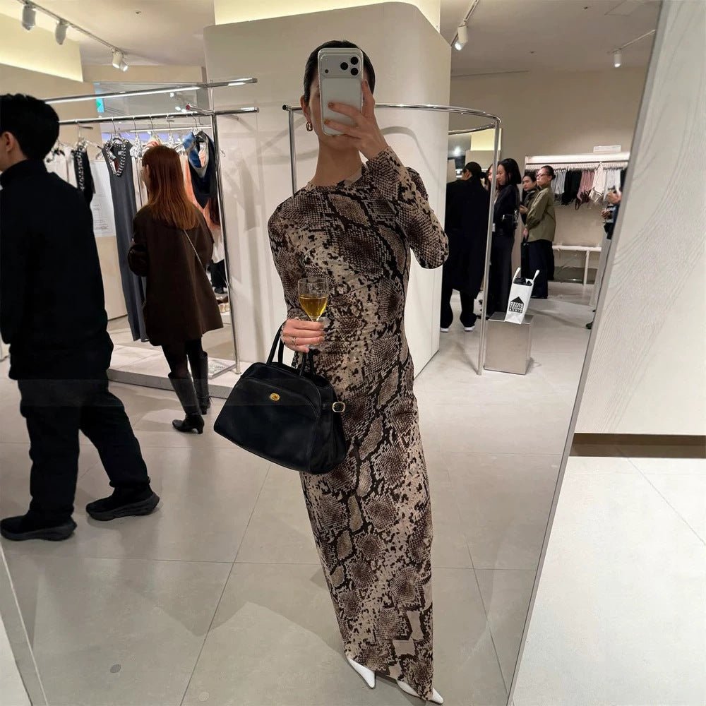 Women's Figure-Hugging Midi Dress with Snake Print, Tailored Draping and Long Sleeve Cut Chichicherry - Chichicherry
