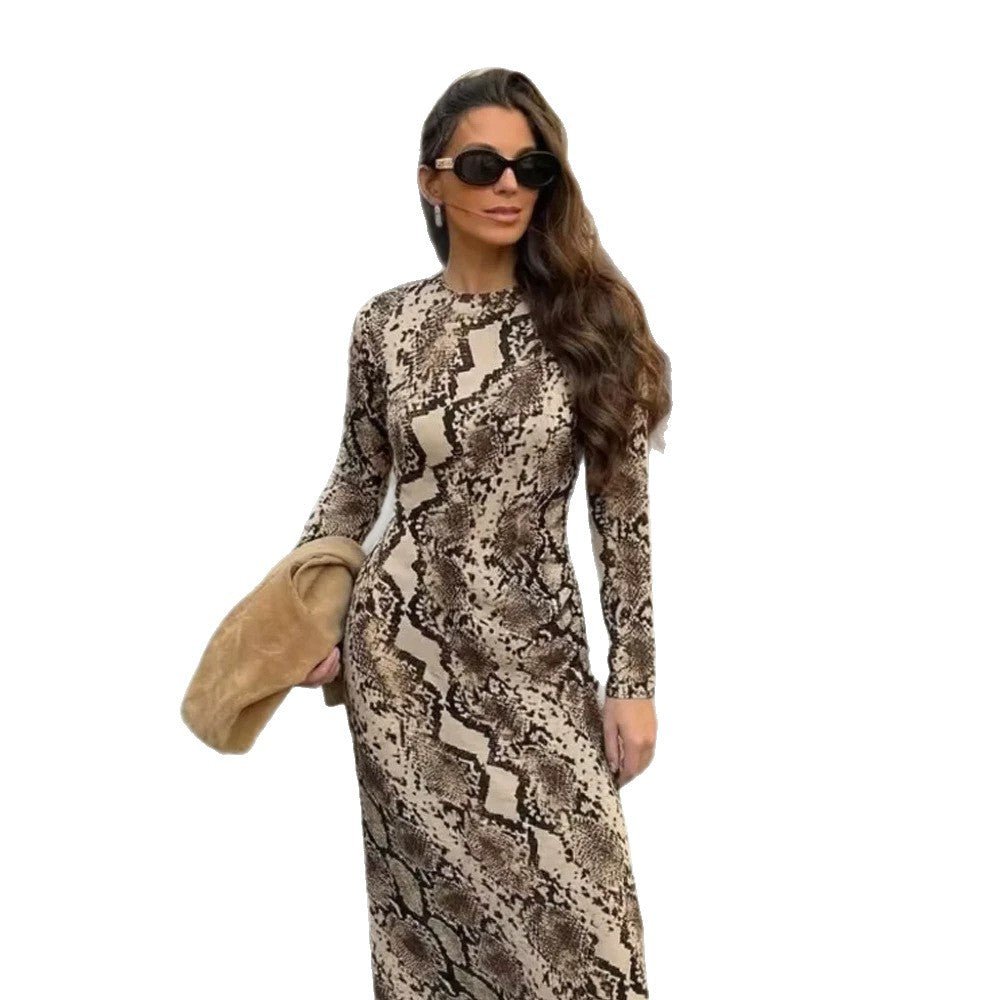 Women's Figure-Hugging Midi Dress with Snake Print, Tailored Draping and Long Sleeve Cut Chichicherry - Chichicherry