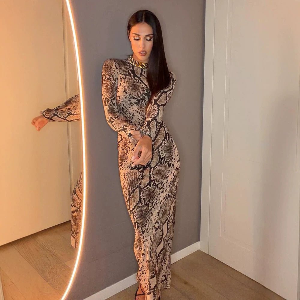 Women's Figure-Hugging Midi Dress with Snake Print, Tailored Draping and Long Sleeve Cut Chichicherry - Chichicherry