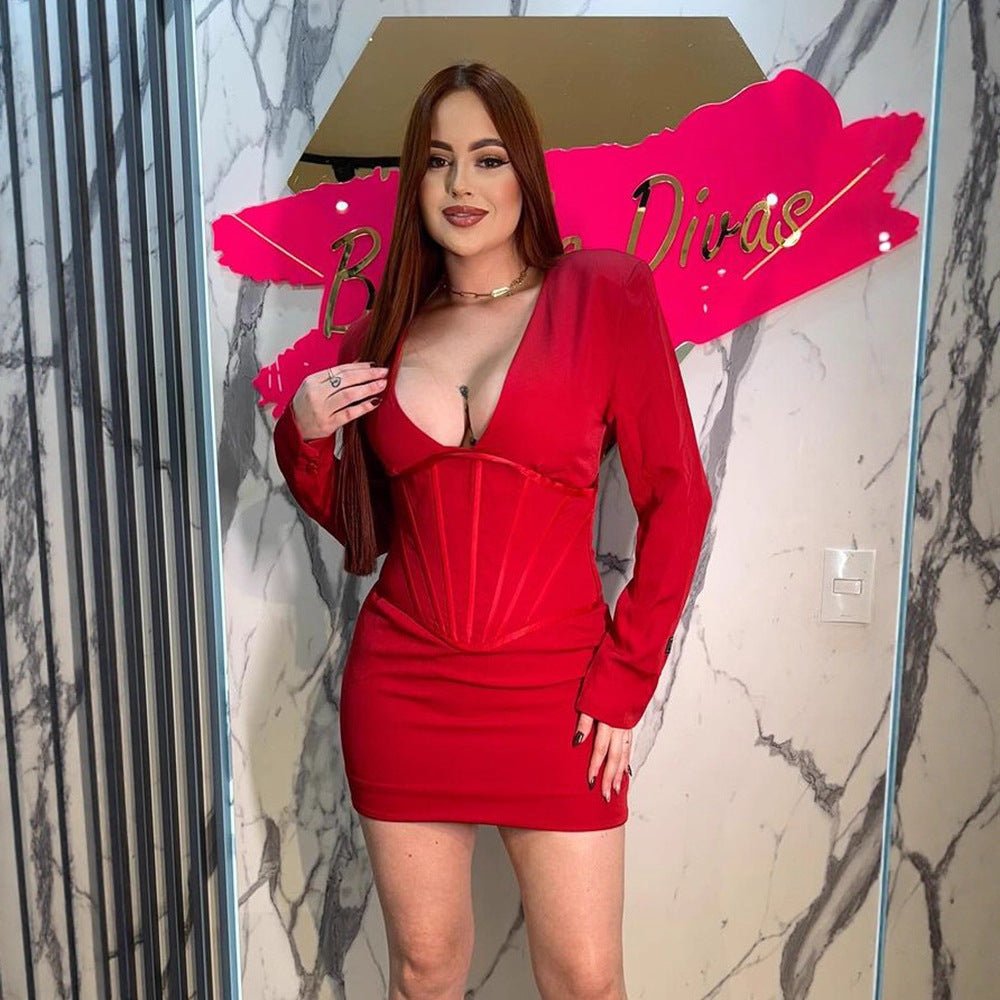 Women's Figure-Hugging Mini Dress with Integrated Corset and Deep V-Neck Chichicherry - Chichicherry
