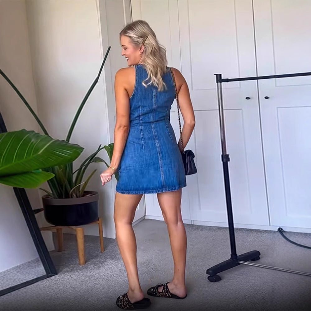 Women's Figure-hugging Sleeveless Denim Mini Dress with Center Button Placket Chichicherry - Chichicherry