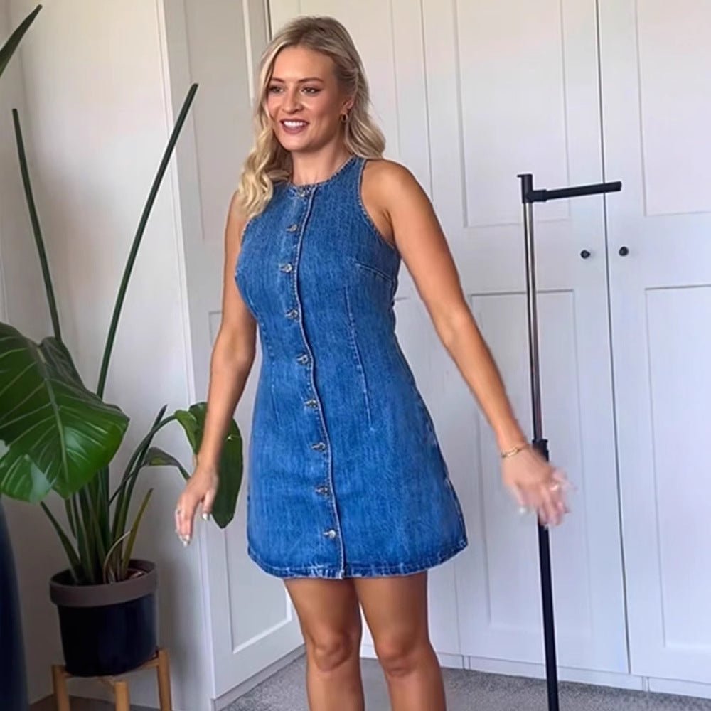 Women's Figure-hugging Sleeveless Denim Mini Dress with Center Button Placket Chichicherry - Chichicherry