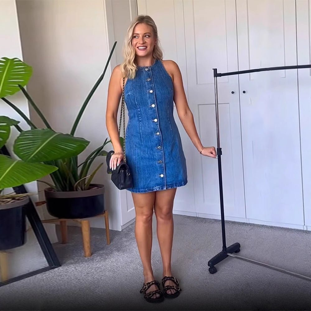 Women's Figure-hugging Sleeveless Denim Mini Dress with Center Button Placket Chichicherry - Chichicherry