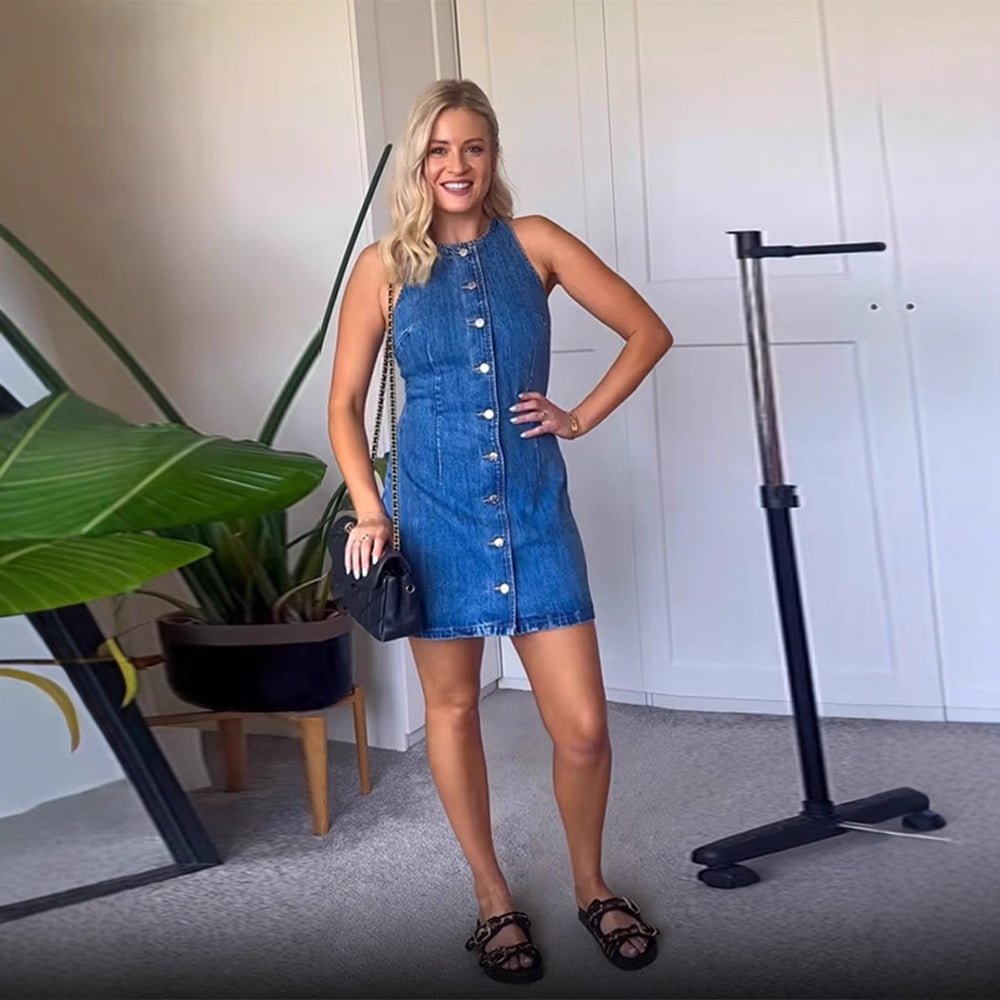 Women's Figure-hugging Sleeveless Denim Mini Dress with Center Button Placket Chichicherry - Chichicherry