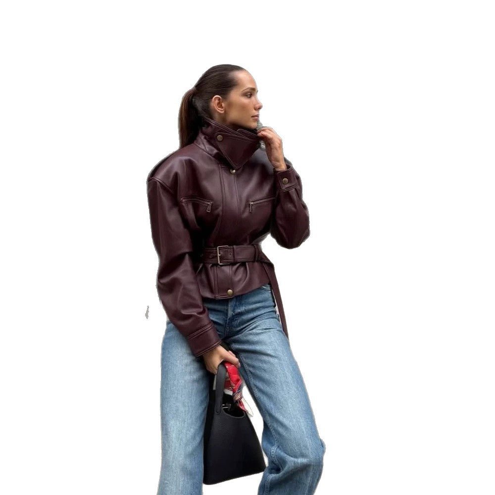 Women's fitted faux leather bomber jacket with high stand collar and tie belt Chichicherry - Chichicherry