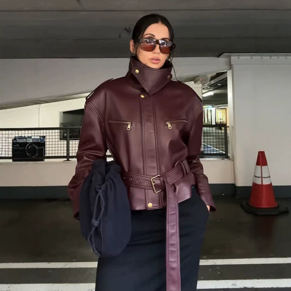 Women's fitted faux leather bomber jacket with high stand collar and tie belt Chichicherry - Chichicherry