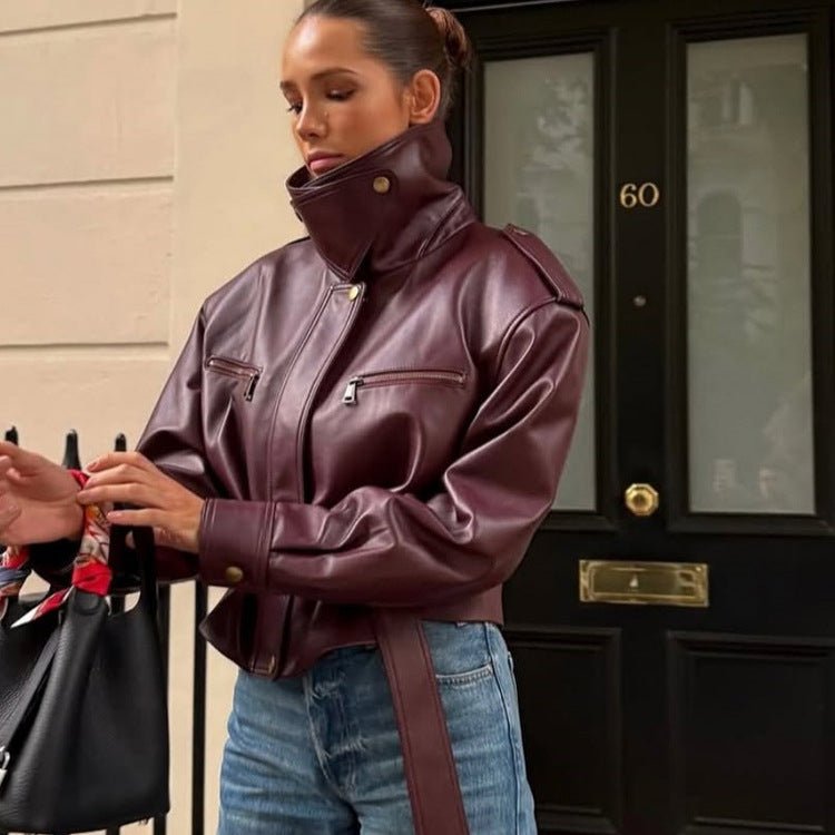 Women's fitted faux leather bomber jacket with high stand collar and tie belt Chichicherry - Chichicherry