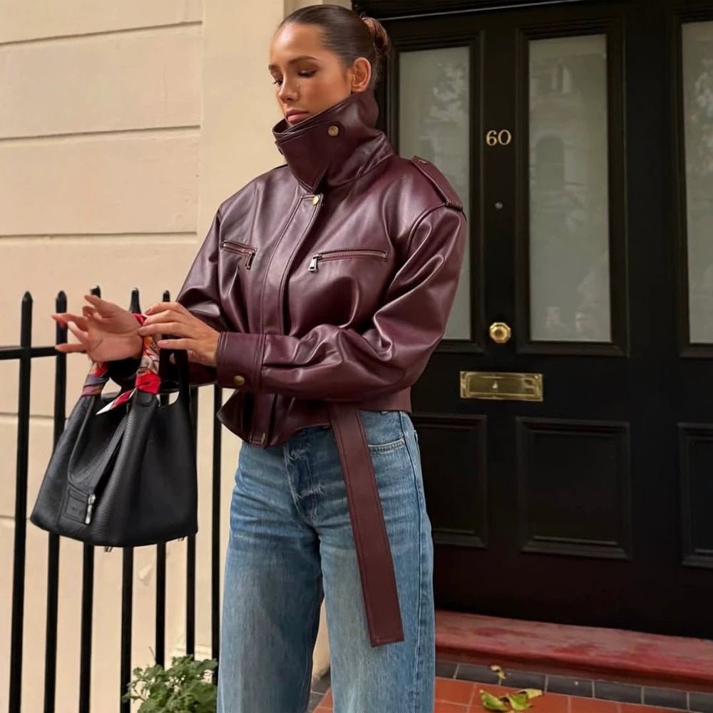 Women's fitted faux leather bomber jacket with high stand collar and tie belt Chichicherry - Chichicherry