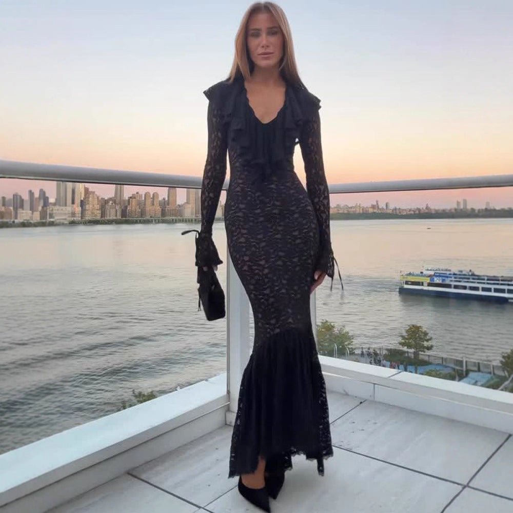 Women's Fitted Lace Maxi Dress with Ruffle Collar and Bell Hem Chichicherry - Chichicherry
