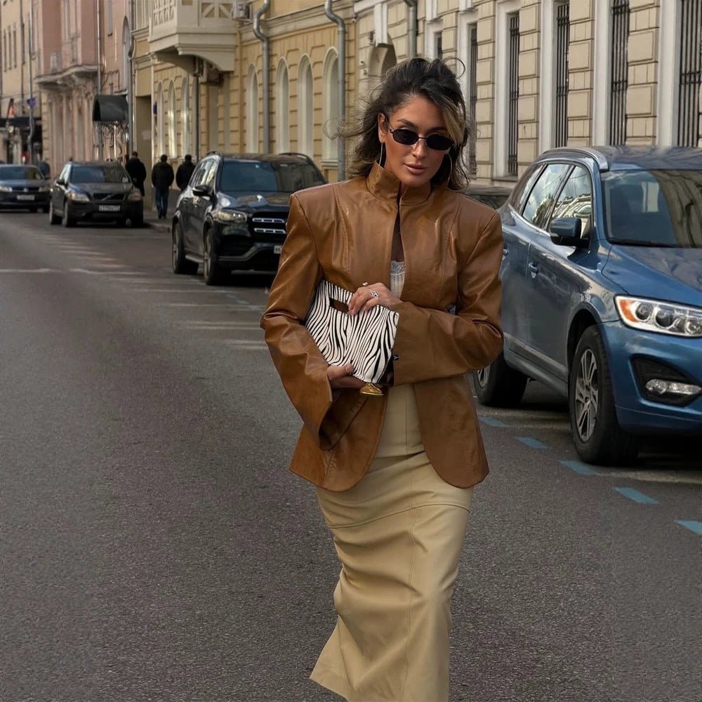 Women's fitted leather look blazer with stand collar & extended cuffs Chichicherry - Chichicherry
