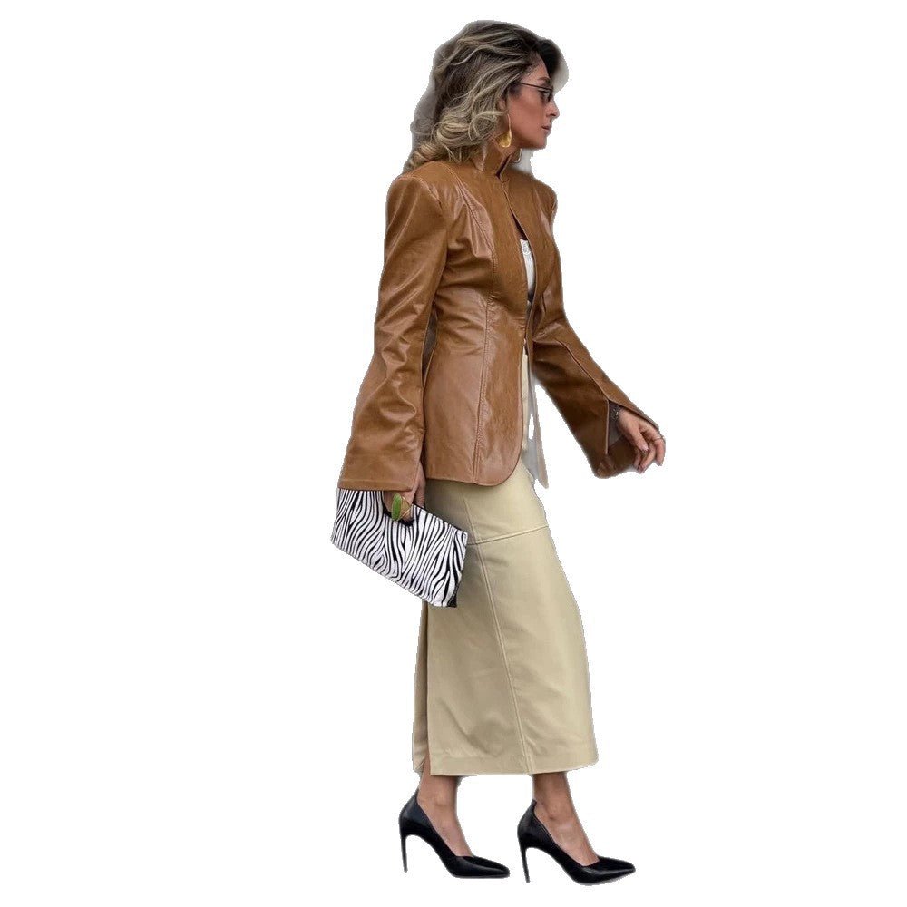 Women's fitted leather look blazer with stand collar & extended cuffs Chichicherry - Chichicherry