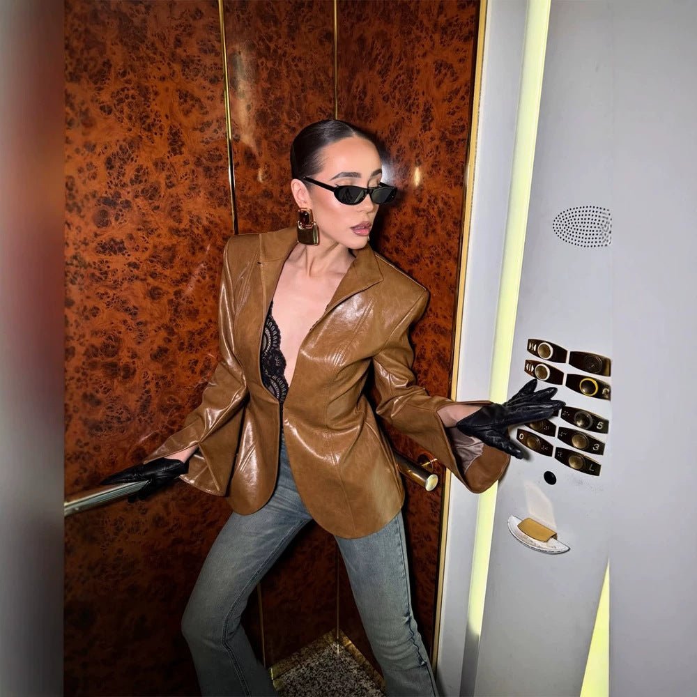 Women's fitted leather look blazer with stand collar & extended cuffs Chichicherry - Chichicherry