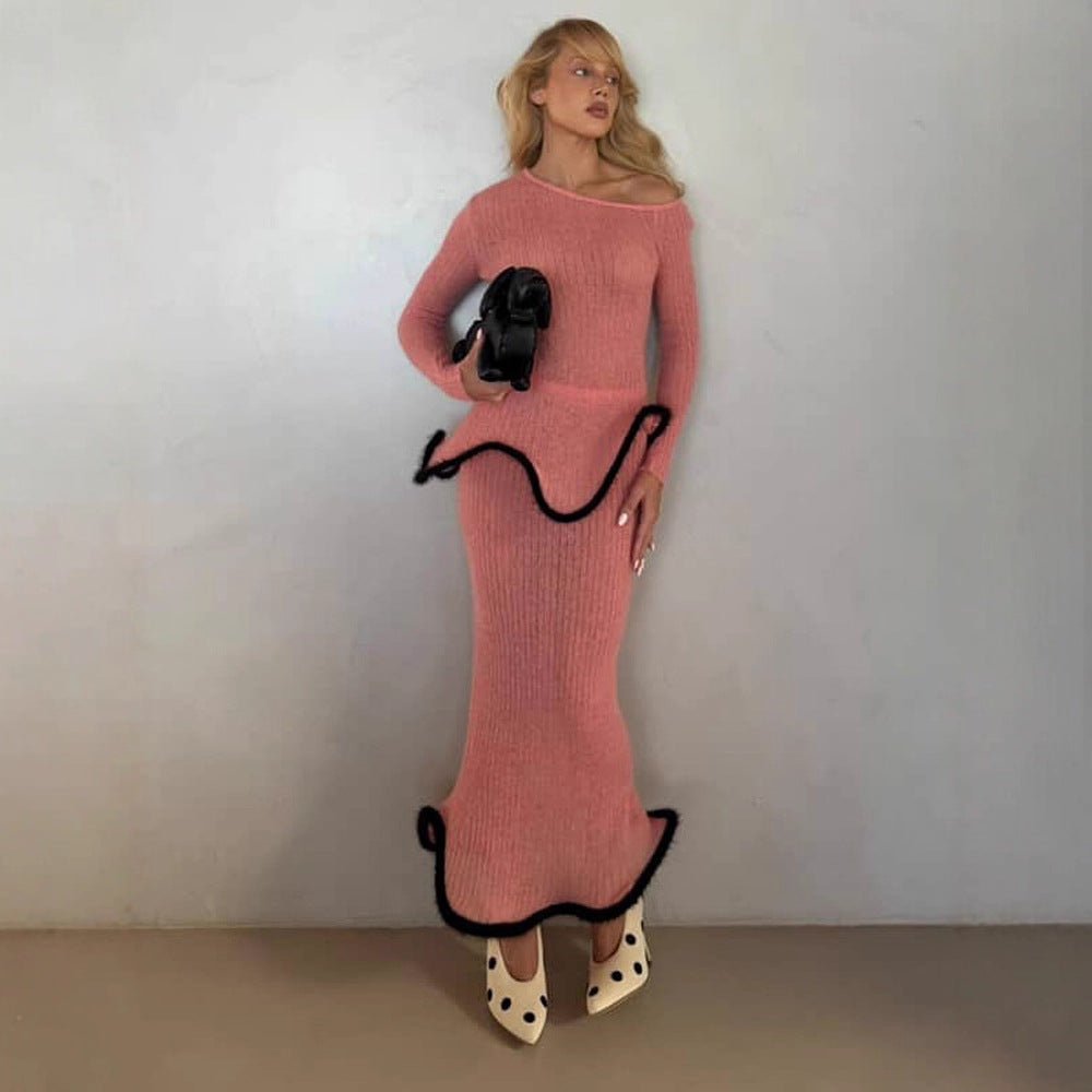 Women's fitted long ribbed knit dress with asymmetrical neckline, ruffled peplum and contrasting piping edge Chichicherry - Chichicherry