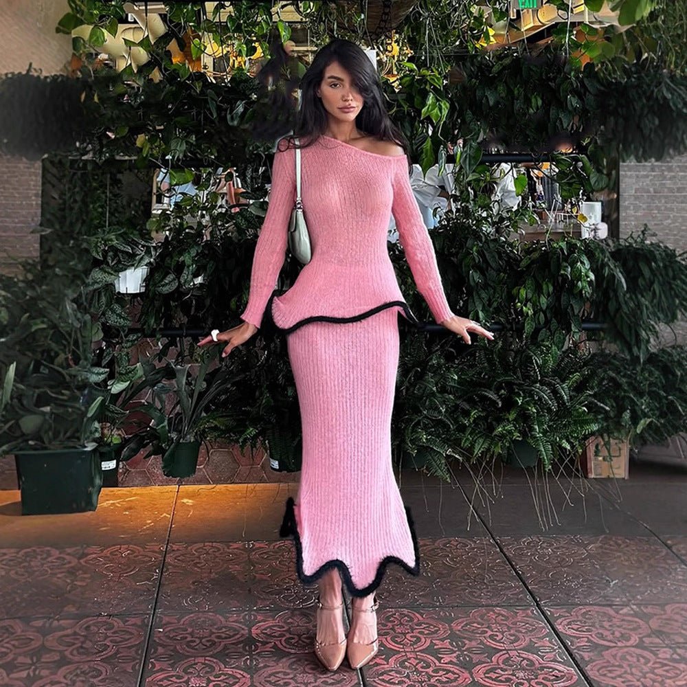 Women's fitted long ribbed knit dress with asymmetrical neckline, ruffled peplum and contrasting piping edge Chichicherry - Chichicherry