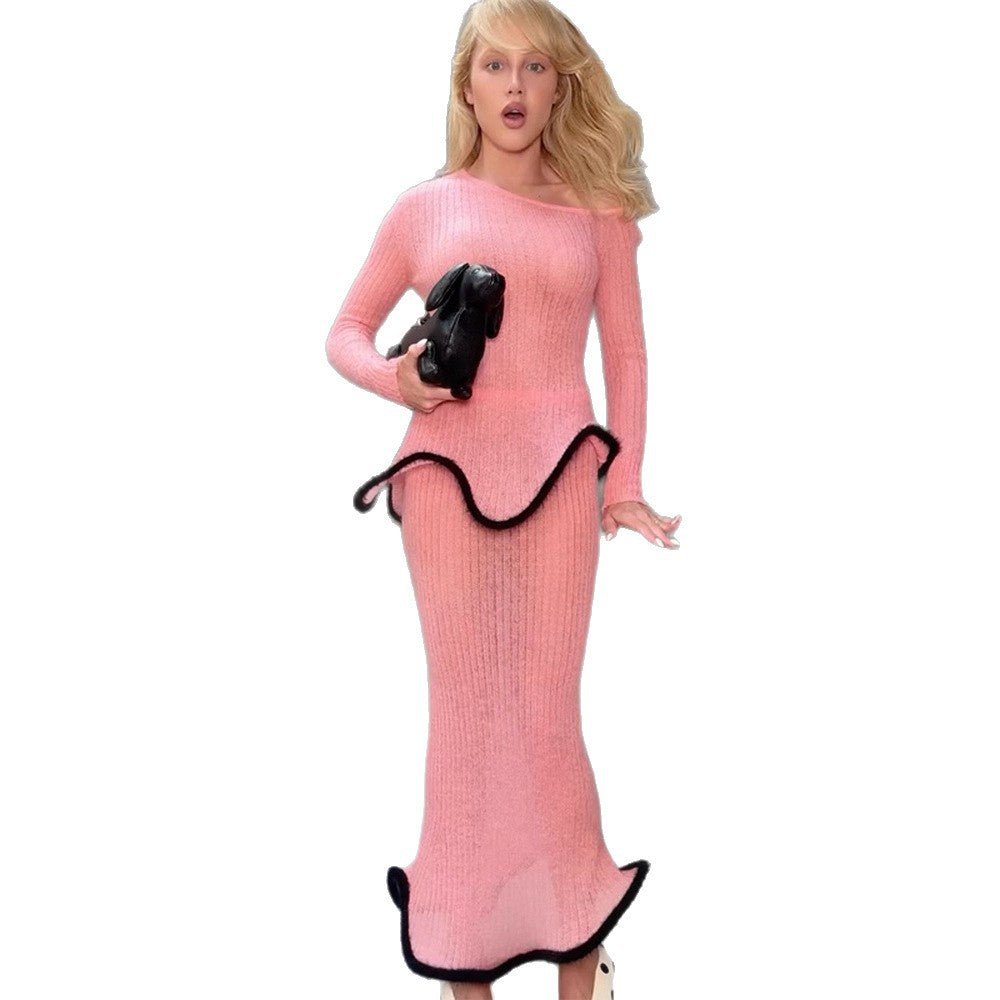 Women's fitted long ribbed knit dress with asymmetrical neckline, ruffled peplum and contrasting piping edge Chichicherry - Chichicherry