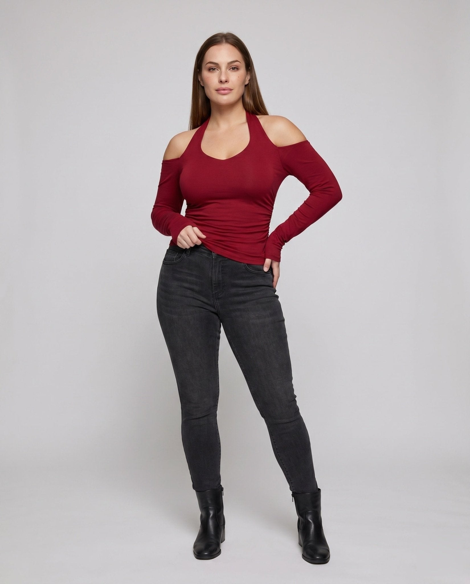 Women's fitted long sleeve shirt with stylish V-neck - Chichicherry
