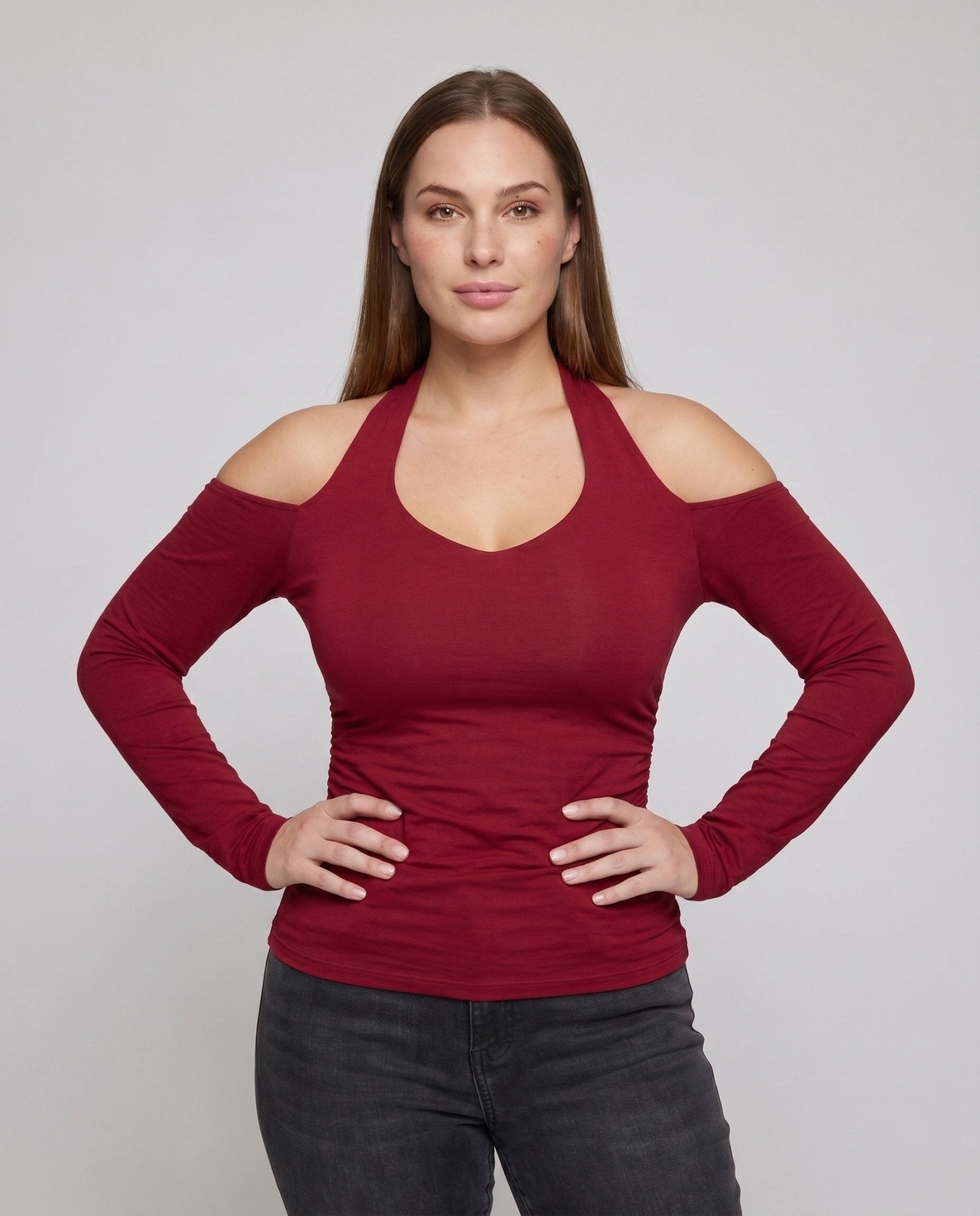 Women's fitted long sleeve shirt with stylish V-neck - Chichicherry