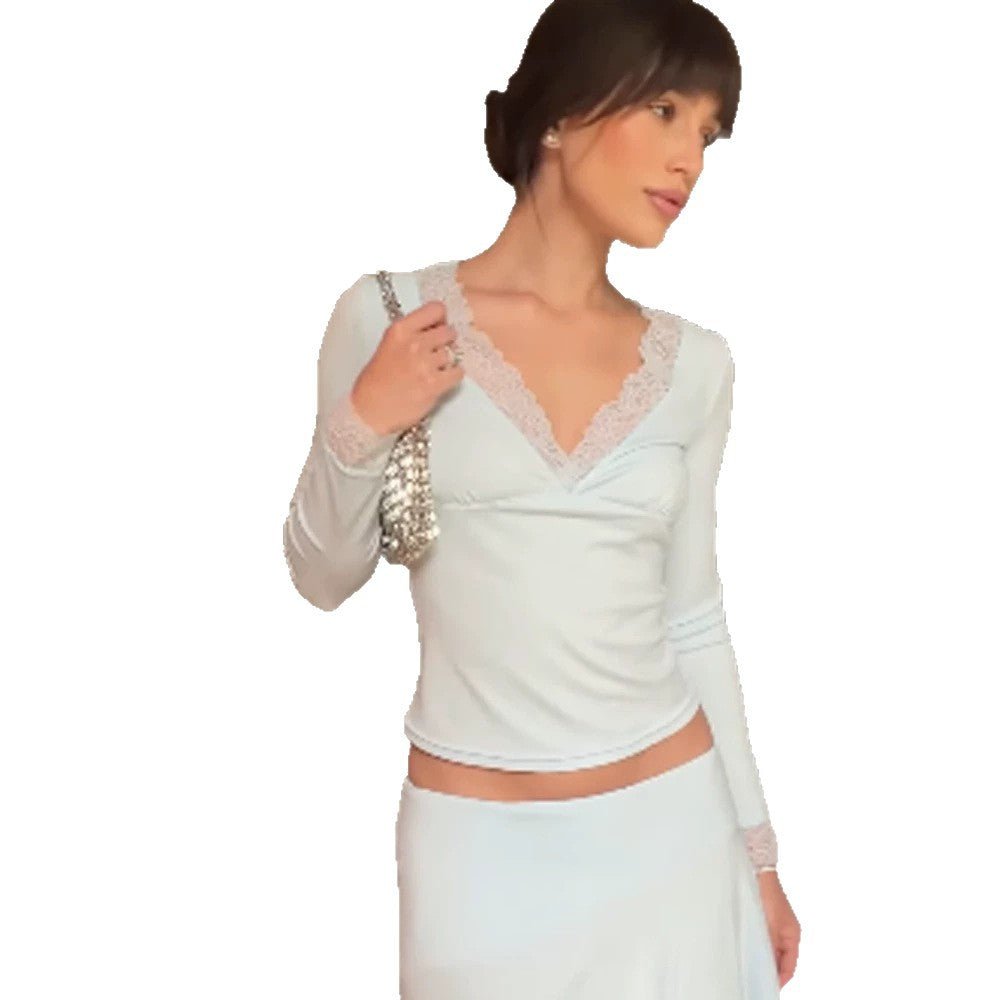 Women's Fitted Long Sleeve Top with Deep Lace V-Neck and Fine Cuffs Chichicherry - Chichicherry