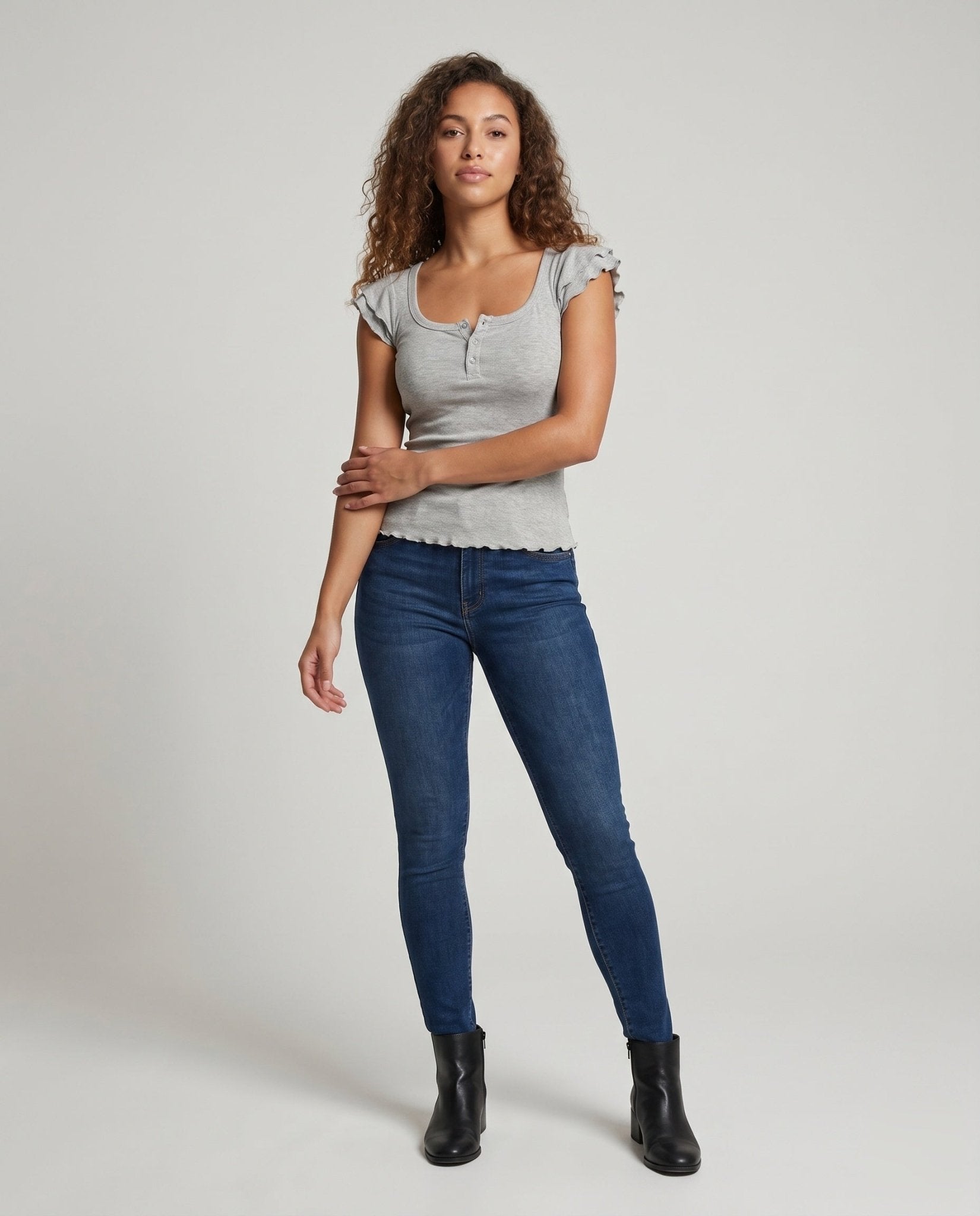 Women's fitted short sleeve shirt with ruffle details and stylish button closure - Chichicherry