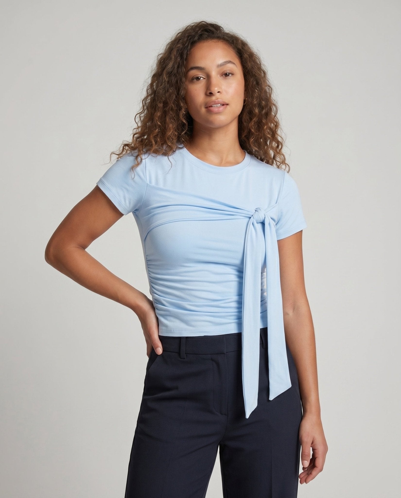 Women’s fitted wrap top with side knot and ruffle details - Chichicherry